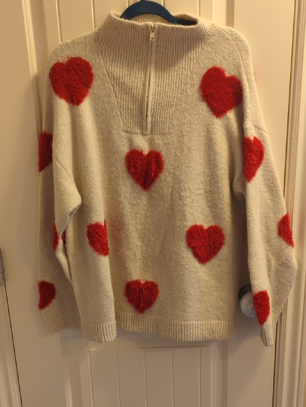 Smash And Tess Special Edition Cream Zip-Neck Fuzzy Sweater Fuzzy Red Hearts